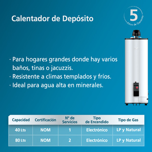 Calentador automático de Depósito 80 L 20 G 2 servicos Gas Natural Mabe - CDM80SNA