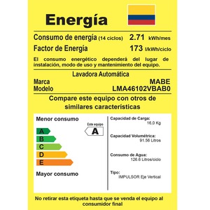 Lavadora Aqua Saver Green automática 16 Kg Blanca Mabe - LMA46102VBAB0