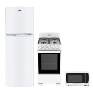 Paquete Estufa 50 cm, Refrigerador 250 L y Horno de Microondas 0.7 cu. ft. Blancos Mabe - EM5040RMA1025HMM700